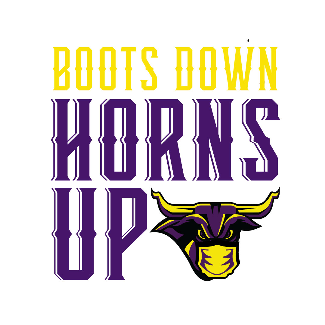Words boots down horns up with maverick logo